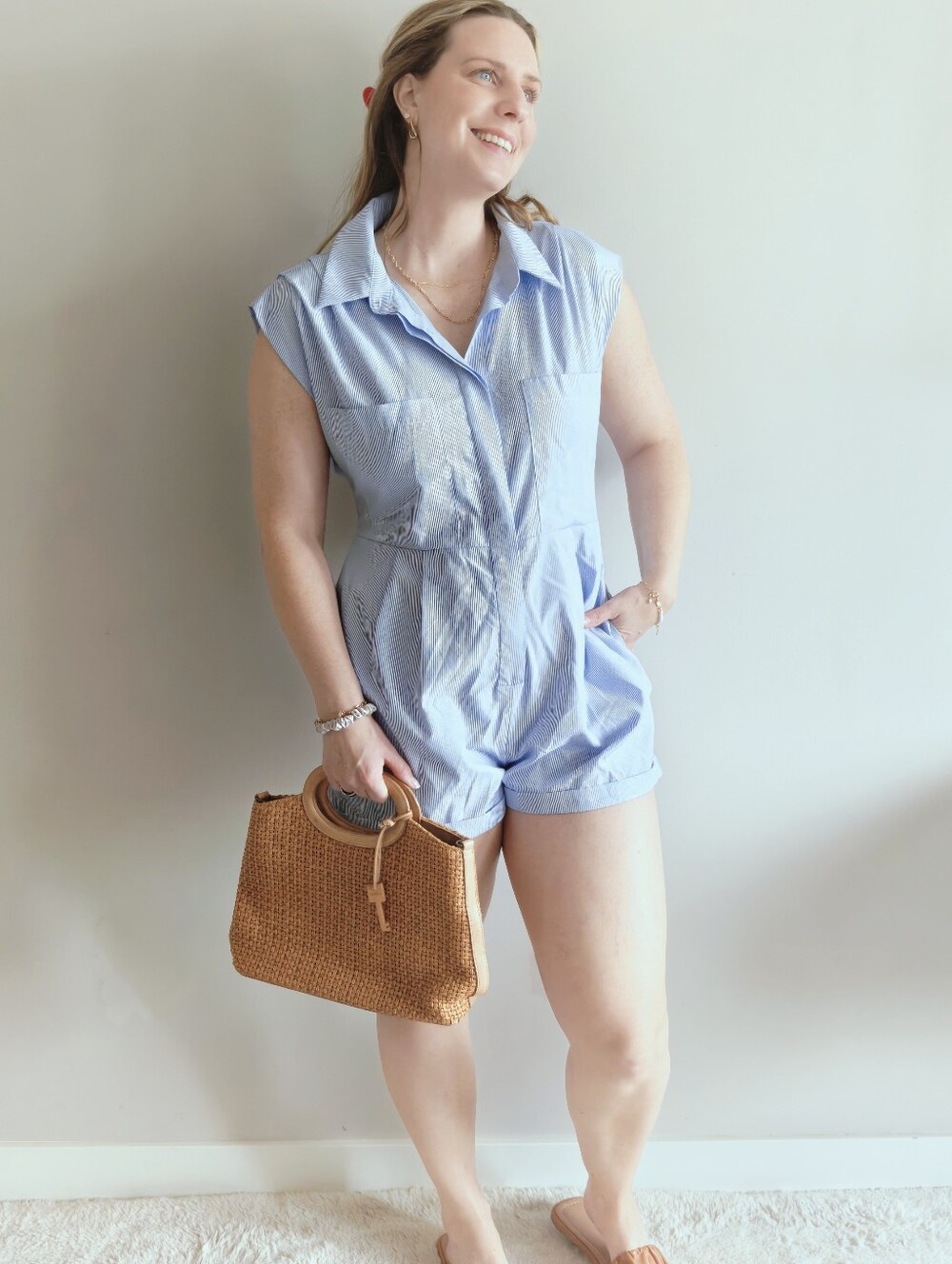 Dèluc Parisian Blue White Stripe Button Pleated Cuffed Romper Playsuit Size M